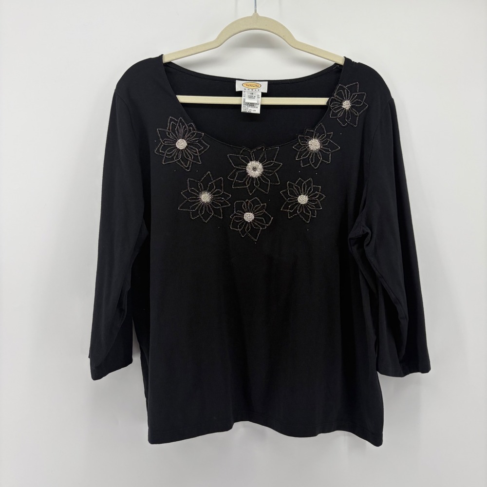 Talbots Womens 1X Black Knit Top Floral Beaded Embroidery 3/4 Sleeve Scoop Neck